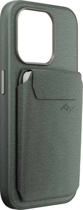 Peak Design Mobile Wallet Slim - Sage on vihreä kotelo, jossa on turvallinen kortinhaltijatasku, jossa on läppä takana ja hienovarainen kohokuvioitu logo, joka on suunniteltu pitämään korttisi turvassa ja tyylikkäänä.
