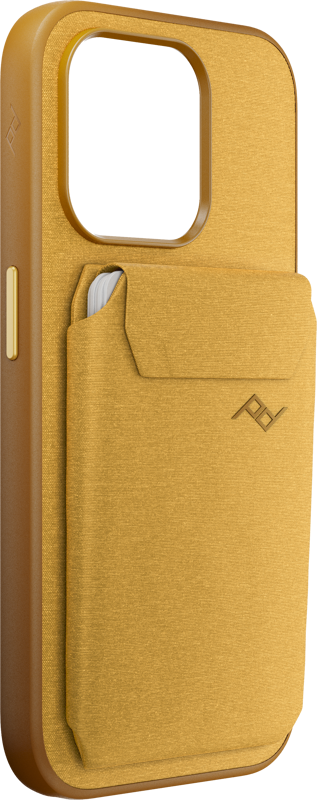 Peak Design Mobile Wallet Slim - Sun on sinapinkeltainen puhelinkotelo, jossa on takatasku, jossa on läppä, geometrinen logo ja tilaa korteille. Siinä on myös suuri kameran aukko.