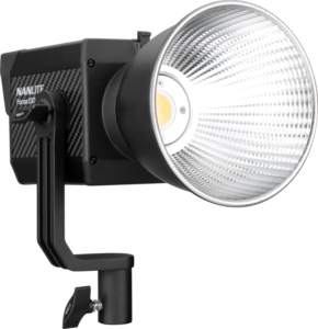 800q-03_126602 NANLITE Forza 150 & Lantern softbox 60cm FM Mount LED-valolla, jossa on musta runko, ohjauspaneeli ja kulma-asennusteline.