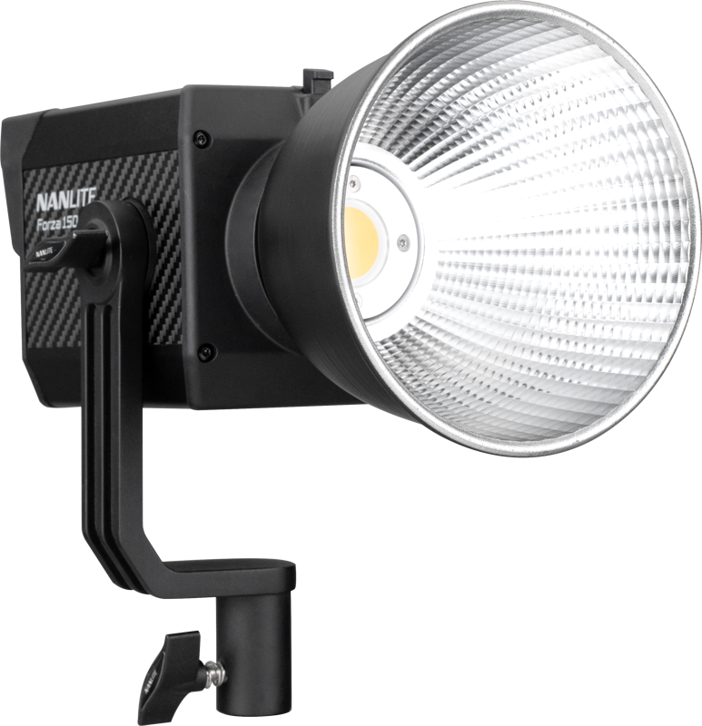 800q-03_126602 NANLITE Forza 150 & Lantern softbox 60cm FM Mount LED-valolla, jossa on musta runko, ohjauspaneeli ja kulma-asennusteline.
