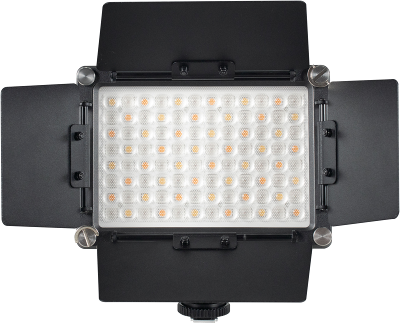 800q-04_117080 NANLITE Barndoor for Mixpad II 11C näkyy edestä, ja siinä on säädettävät mustat lato-ovet, jotka ympäröivät suorakulmaista LED-paneelia, jossa on useita pieniä lamppuja, tavallista taustaa vasten.