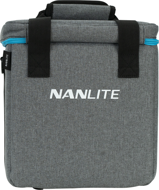 800q-04_117089 NANLITE PavoTube II 6C Kit -kantolaukku on harmaa suorakulmainen kotelo, jossa on sininen vetoketju, mustat kahvat ja NANLITE-logo valkoisella edessä.