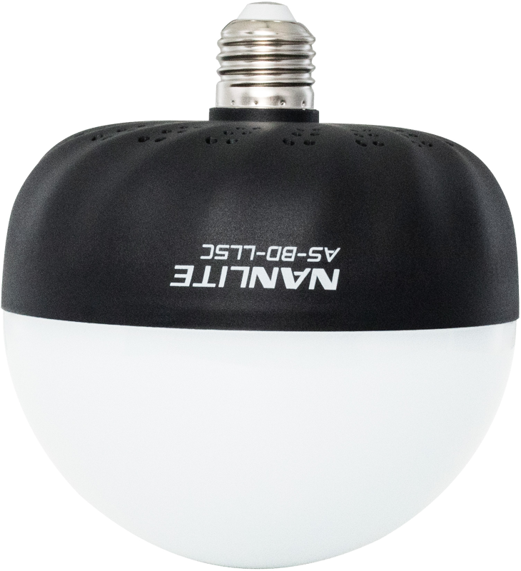 800q-04_117090 Pyöreä LED NANLITE Bulb Diffuusori LitoLite 5C:lle, jossa on musta yläosa, valkoinen alaosa ja malli AS-BD-LLC painettuna ylösalaisin mustaan osaan.