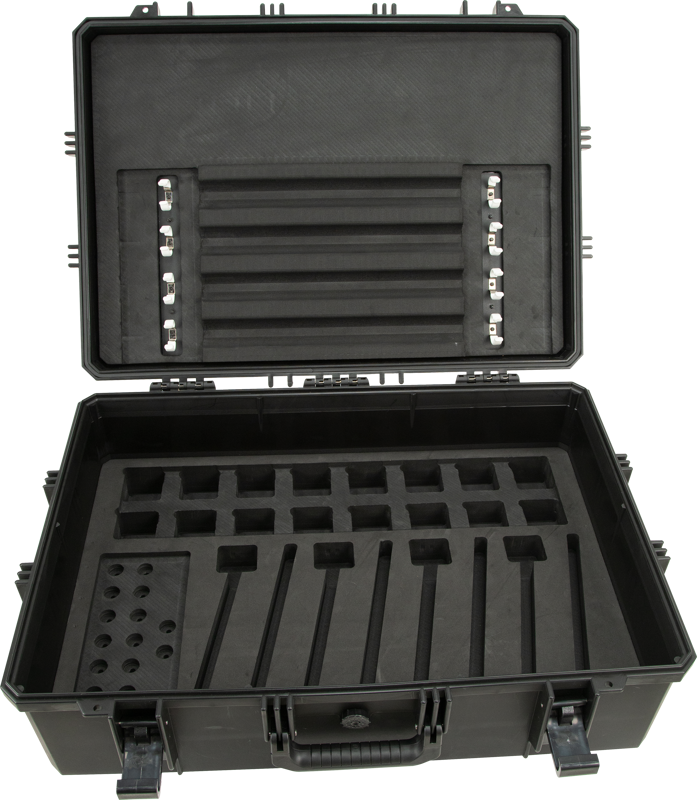 800q-04_117800 NANLITE Hard Case for 8 pcs PavoTube II 15X -kotelossa on avoin musta kova kuori, jossa on sisäinen EVA-vaahtomuovisisäke, joka tarjoaa useita muotoiltuja aukkoja, jotka järjestävät ja suojaavat valaisulaitteita turvallisesti.