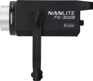 800q-04_119722 Side view of the NANLITE FS-300B LED Bi-color Spot Light with black body with silver front, handle and mounting bracket, against a white background.