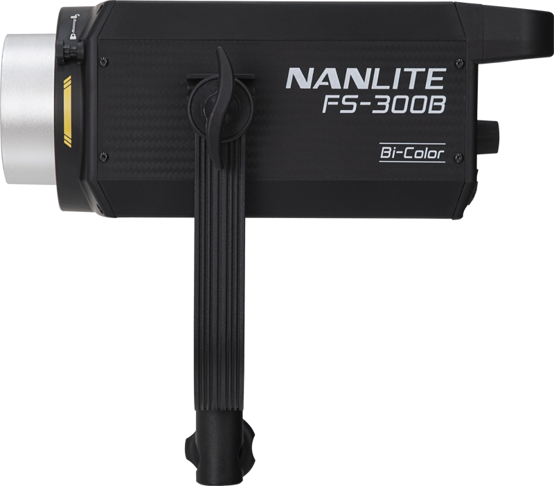 800q-04_119722 Side view of the NANLITE FS-300B LED Bi-color Spot Light with black body with silver front, handle and mounting bracket, against a white background.