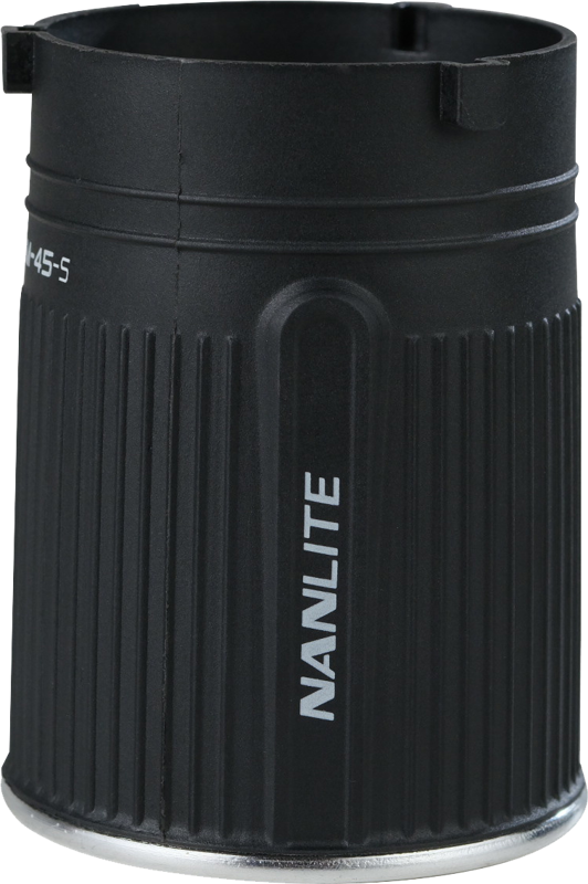 800q-04_120815 Musta, lieriömäinen 45° NANLITE 45° Small Reflector FM-kiinnityksellä, jossa on pystysuorat kuvioidut linjat ja hopeinen jalusta, malli LH-45-S.