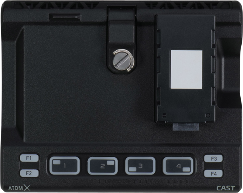 800q-04_121974 Ylhäältä alaspäin ATOMOS AtomX CAST for Ninja V/V+, musta elektroninen laite, jossa on kuusi merkittyä painiketta (F1, 1, 2, 3, 4, F3) alareunassa ja irrotettava suorakulmainen komponentti oikealla puolella.