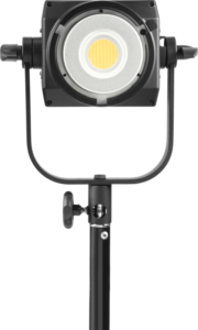800q-04_122029 NANLITE FS-200B Bi-Color LED Spot Light -LED-valossa on pyöreä valopaneeli mustalla säädettävällä jalustalla valkoista taustaa vasten.