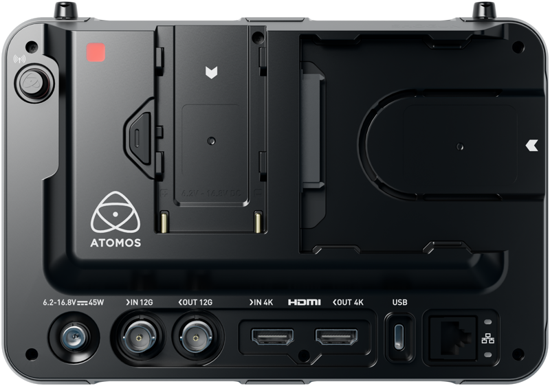 ATOMOS SHOGUN 7-tuumainen HDR-monitori-tallennin 6K RAW takanäkymä, jossa näkyvät HDMI-, USB-, virtatulot, SDI-liittimet, akkupaikka ja mediakorttipaikat. Atomos-logo näkyy vasemmalla puolella.