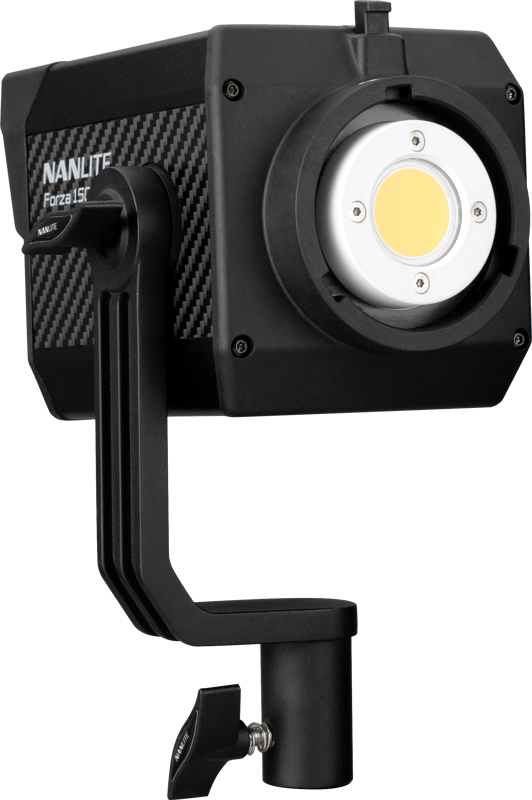 800q-04_126602 NANLITE Forza 150 & Lantern softbox 60cm FM Mount LED-valolla, jossa on tyylikäs runko, pyöreä LED-paneeli, metallinen kiinnike ja säätönuppi, joka näkyy tavallista taustaa vasten.