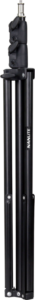 Made of black metal, the NANLITE LS-170 light stand with folded legs and top mounting screw stands vertically against a plain background. The NANLITE branding is visible on one leg.