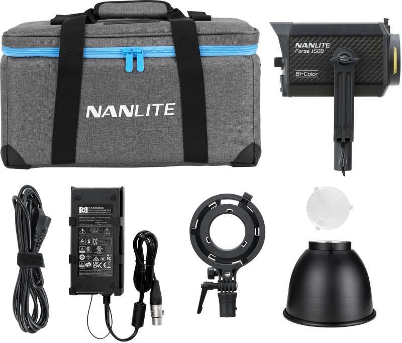 800q-05_119721 NANLITE Forza 150B LED Bi-color Spot Light -LED-valopakkauksessa on harmaa kotelo, valaisinyksikkö, virtalähde, kaapelit, kiinnityskannatin, heijastinlautaset ja lisävarusteet valkoisella pohjalla.