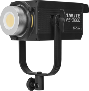 800q-05_119722 The NANLITE FS-300B LED Bi-color Spot Light features a large circular light source, an adjustable mounting bracket and a stylish black housing.