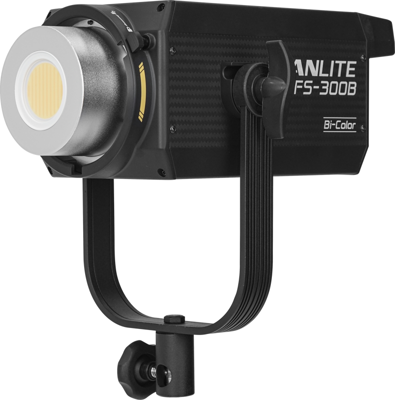 800q-05_119722 The NANLITE FS-300B LED Bi-color Spot Light features a large circular light source, an adjustable mounting bracket and a stylish black housing.