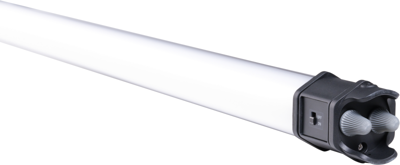 800q-05_122032 A close-up of the NANLITE Pavotube II 15C LED RGBWW Tube Light 1 Light Kit shows its tall, cylindrical shape with a black end cap, on/off switch and grooved selector set against a plain white background.