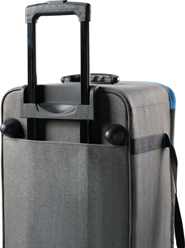 Lähikuva harmaasta NANLITE Trolly Case for Forza 720/720B -laukusta, jossa on musta teleskooppikahva, kaksi mustaa pyörää, sivuhihna ja etutasku.