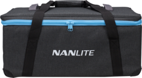 800q-13_111983 Rectangular dark grey NANLITE carry case for Forza 300 with light blue zipper, black handles and white NANLITE logo on the front.
