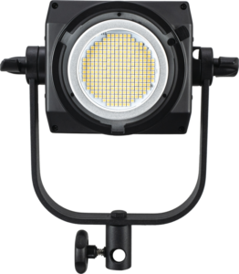 800q-13_115464 Lähikuva NANLITE FS-200 LED Daylight Spot Light -valaisimesta, jossa on musta runko, jossa on neliönmuotoinen paneeli keltaisia ja valkoisia lamppuja, jotka on asennettu U-muotoiseen kiinnikkeeseen, jossa on säätönuppi.