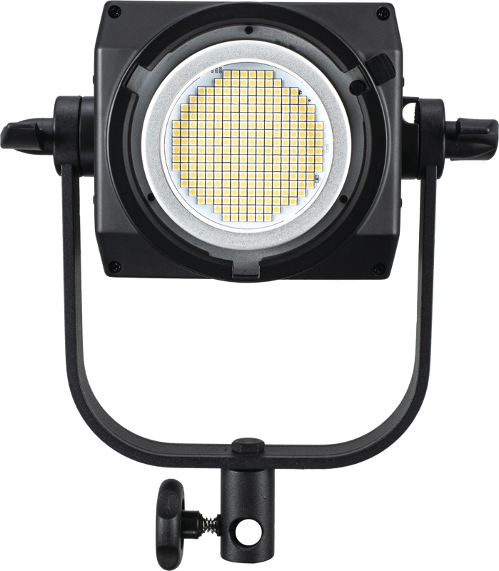 800q-13_115464 Lähikuva NANLITE FS-200 LED Daylight Spot Light -valaisimesta, jossa on musta runko, jossa on neliönmuotoinen paneeli keltaisia ja valkoisia lamppuja, jotka on asennettu U-muotoiseen kiinnikkeeseen, jossa on säätönuppi.