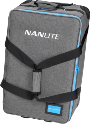 NANLITE_300TRL_001 The NANLITE Trolley Case for 2 Lights Forza 300 II / 300B II is a grey rectangular trolley case with blue zippers, black straps, white NANLITE logo on the front, handle and small label holder at the bottom.