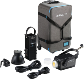 NANLITE_Forza720_TRL_001 The NANLITE Forza 720 LED spotlight with trolley is shown in white and comes with LED light head, power supply, reflector, cables, bracket, mounting accessories and grey wheeled carry case.
