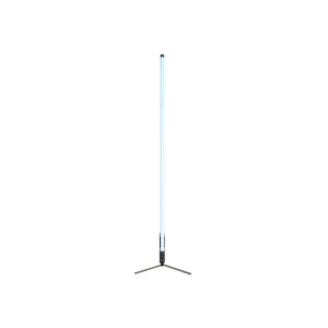 Pavo ständi 60x10 NANLITE-lattiajalusta Pavotube 60X:lle näyttää pystysuoran, hehkuvan sinisen LED-putken kompaktilla, kolmijalkaisella metallijalustalla valkoista taustaa vasten.