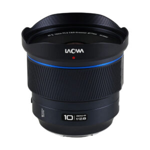 The Laowa Sony FE AF 10mm f/2.8 Zero-D FF wide-angle lens with blue accent ring appears against a white background.