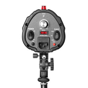 1386850299_534 The picture shows the rear view of the Godox Mini Pioneer 250W Softbox Umbrella Duo Kit with control knobs, power and slave switches, power supply, indicator lights, mounting bracket and marked black buttons and ports.
