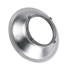 1399277928_391 Godox Softbox Adapter for Multiblitz digilite/Compactlite/Digix on metallinen, pyöreä heijastin, jossa on keskiaukko ja neljä pientä kielekettä tasaisin välein aukon ympärillä, kuvattuna kulmassa valkoista taustaa vasten.