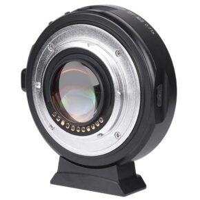 1532683546_324 A close-up of the Viltrox EF-M2II Autofocus Adapter 0.71x lens shows its metal electronic contacts, glass elements and tripod mount foot for tripod mounting.