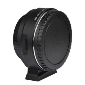 1532683841_195 The Viltrox EF-M1 Autofocus Adapter is a black camera lens mount with a textured handle and smooth front cover, designed for attaching lenses to the camera body. Shown against a white background.