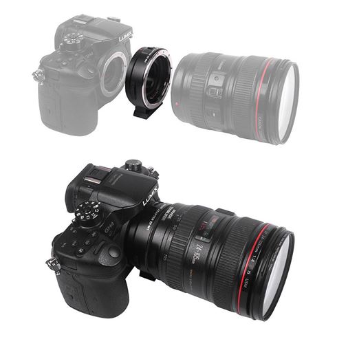 1532683842_500 Musta Lumix-kameran runko, Viltrox EF-M1 Autofocus Adapter ja suuri Canon-zoom-objektiivi näkyvät ylhäällä erikseen; alhaalla kamera, adapteri ja objektiivi on koottu yhteen.