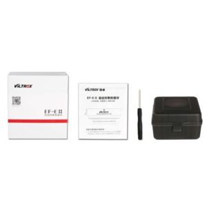 1532683961_679 Viltrox EF-E II Autofocus Adapter 0.71x -pakkaus sisältää valkoisen tuotepakkauksen, käyttöohjeen, pienen ruuvimeisselin ja mustan muovikotelon, jotka on järjestetty siististi valkoiselle taustalle.