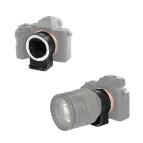 1532684193_625 The picture shows two digital cameras; the upper one shows the Viltrox Nikon F - E1 Autofocus Adapter attached, while the lower one shows the same adapter with the large camera lens mounted. Both cameras appear partially transparent.