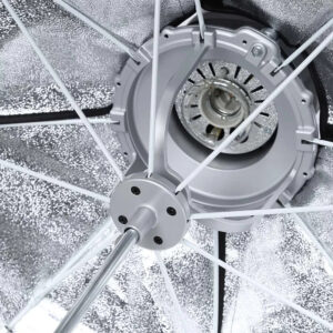 1535118714_954 Close-up of the Godox SB-GUE80 Umbrella Softbox Bowens 80cm umbrella softbox with grating on the inside showing metal wheels, reflective silver lining and a central light socket for a studio light.