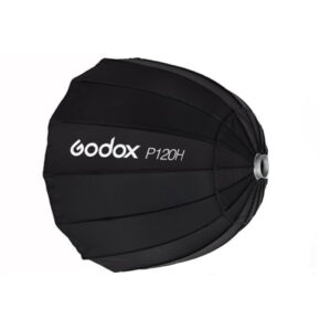 1544628010_744 Mustassa Godox Parabolic Softbox Bowens Mount P120H -valaisimessa, jossa on valkoinen teksti, näkyy sivulta katsottuna sen kaarevat terälehdet ja hopeinen kiinnitysrengas.
