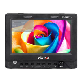 1547044344_850 The Viltrox DC 70 EX 7" HD monitor with SDI, which is black with various buttons and ports under the screen, displays a vibrant, multi-coloured rose.