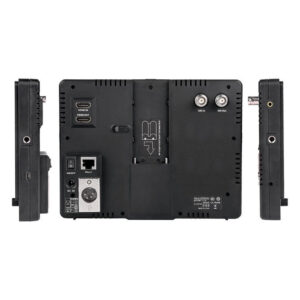 Viltrox DC 70 EX 7" HD-monitori SDI:llä, musta, takanäkymä, jossa näkyy HDMI-, Ethernet-, XLR- ja BNC-portit, virtatulo ja keskeinen akkupaikka. Sivunäkymissä näkyy lisää painikkeita ja liittimiä.