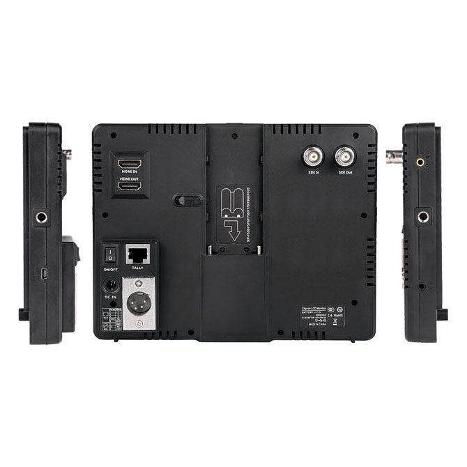 Viltrox DC 70 EX 7" HD-monitori SDI:llä, musta, takanäkymä, jossa näkyy HDMI-, Ethernet-, XLR- ja BNC-portit, virtatulo ja keskeinen akkupaikka. Sivunäkymissä näkyy lisää painikkeita ja liittimiä.