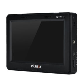 1547044468_310 The black Viltrox DC 70II 7" HDMI monitor with widescreen display is shown from an angle that highlights its side ports and front display.