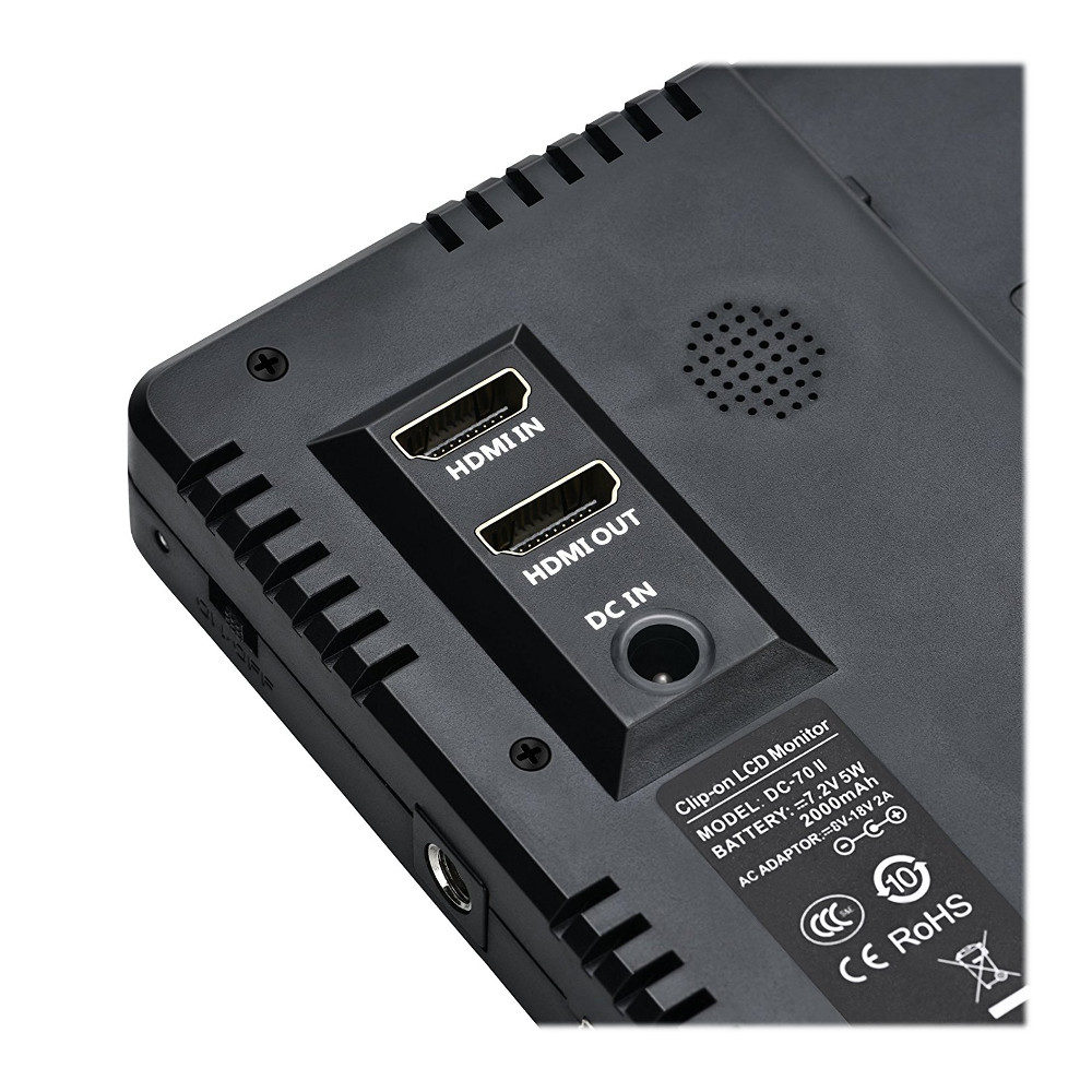 1547044471_034 Lähikuva Viltrox DC 70II 7" HDMI-monitorin takaosasta, jossa on HDMI IN/OUT, DC IN -portit, kaiutinsäleikkö ja tuoteselosteet.