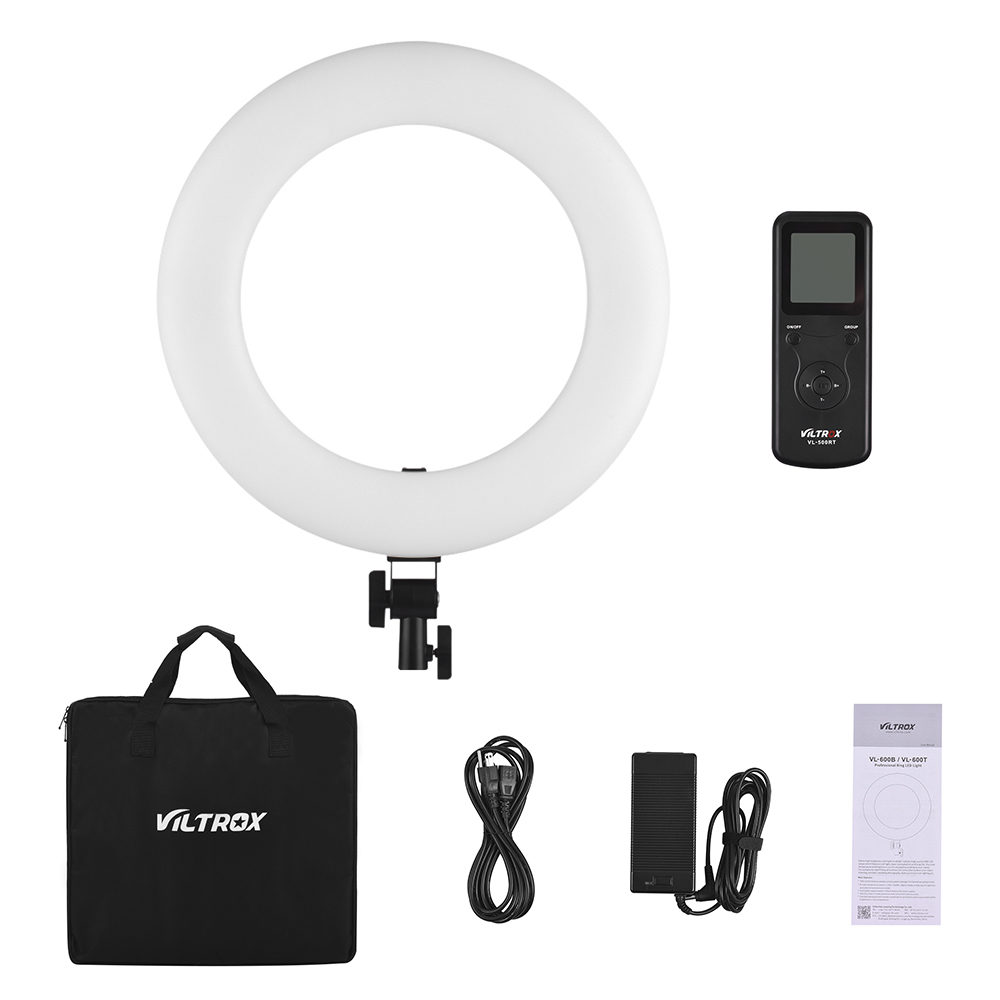 1547045071_442 Viltrox VL 600T Ring LED Light -rengasvalo -pakkaus sisältää pyöreän LED-valon, kaukosäätimen, kantolaukun, virtalähteen kaapeleineen ja käyttöohjeen, jotka kaikki näkyvät siististi valkoisella pohjalla.