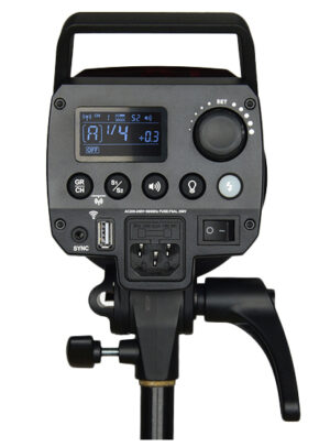 1561455085_361 Rear view of the Godox MS200 studio strobe light, showing control buttons, digital display, control knobs, power outputs, USB port and mounted on a light stand.