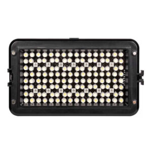 1570441197_515 Viltrox RB10 LED-valaisin on suorakulmainen musta LED-valonheitin, jossa on useita pieniä, pyöreitä LED-lamppuja, jotka on sijoitettu riveihin, edestäpäin valkoista taustaa vasten.
