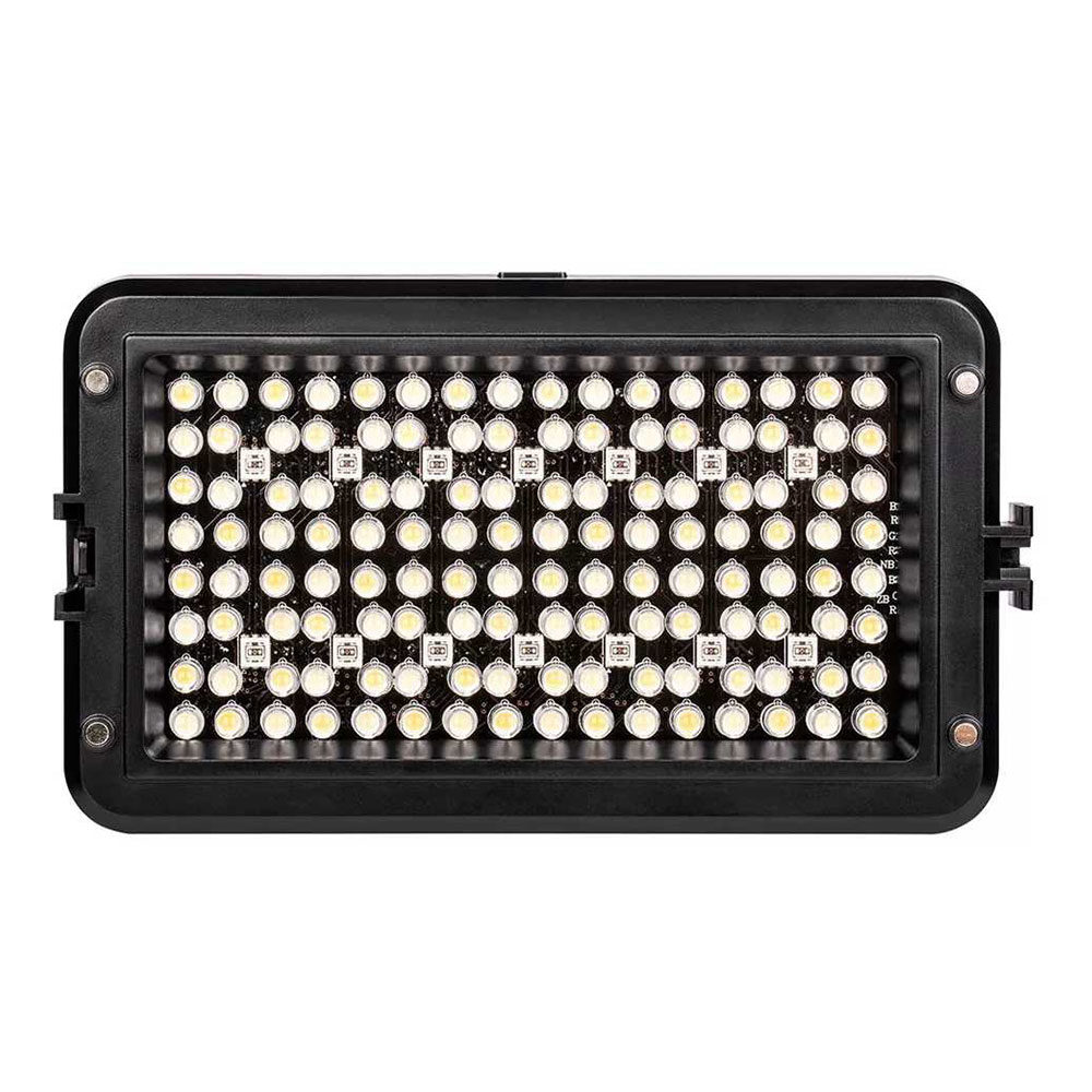 1570441197_515 Viltrox RB10 LED-valaisin on suorakulmainen musta LED-valonheitin, jossa on useita pieniä, pyöreitä LED-lamppuja, jotka on sijoitettu riveihin, edestäpäin valkoista taustaa vasten.