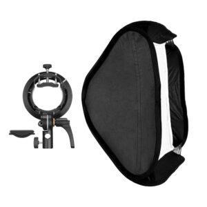 1585735631_420 Godox S2-tyyppinen Bracket Bowens ja 60x60cm Softbox -sarja sisältää kokoontaitettavan mustan softboxin, jossa on valkoinen diffuusoripaneeli, sekä pyöreän, säädettävän kiinnikkeen salamalaitteiden kiinnittämistä varten.