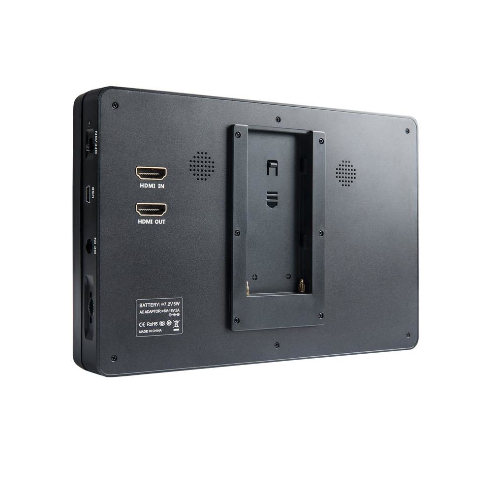 1598625290_480 Viltrox DC 70 HD LCD 7" -monitori mustana näkyy takaa, ja siinä on HDMI-in/out-portit, virtapainike, kaiuttimien tuuletusaukot ja keskeinen akkupaikka.