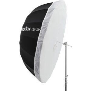 1601542639_068 The Godox 165cm transparent diffuser for parabolic umbrella is attached to a large black and white umbrella softbox, which is attached to a metal light stand.
