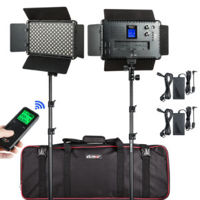 1606232975_032 The Viltrox VL S192T LED Light Duo Kit includes two LED video lights with barn doors on stands, a remote control, two power supplies and a black carrying case with red trim and "Viltrox" branding.